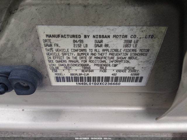 45789928 :رقم المزاد ، 1N4DL01D2XC236660 vin ، 1999 Nissan Altima Xe/gxe/se/gle مزاد بيع