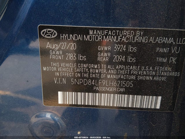 2020 Hyundai Elantra Sel მანქანა იყიდება აუქციონზე, vin: 5NPD84LF9LH621505, აუქციონის ნომერი: 45789934