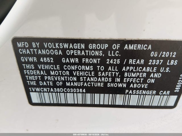 45789936 :رقم المزاد ، 1VWCN7A38DC030364 vin ، 2013 Volkswagen Passat 2.0l Tdi Sel Premium مزاد بيع