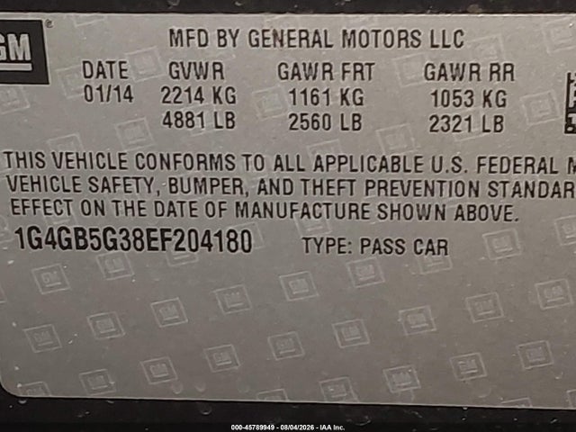 Aukcja sprzedaży 2014 Buick Lacrosse Leather Group, vin: 1G4GB5G38EF204180, numer aukcji: 45789949