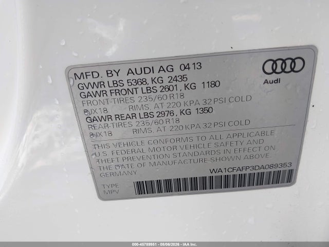 Aukcja sprzedaży 2013 Audi Q5 2.0t Premium, vin: WA1CFAFP3DA089353, numer aukcji: 45789951