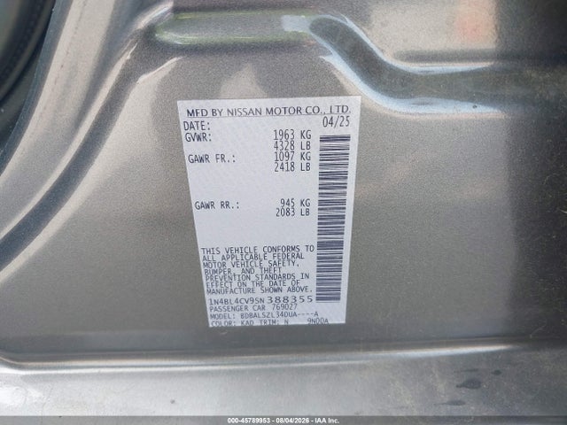 Продаж на аукціоні авто 2025 Nissan Altima Sr Fwd, vin: 1N4BL4CV9SN388355, номер лоту: 45789953