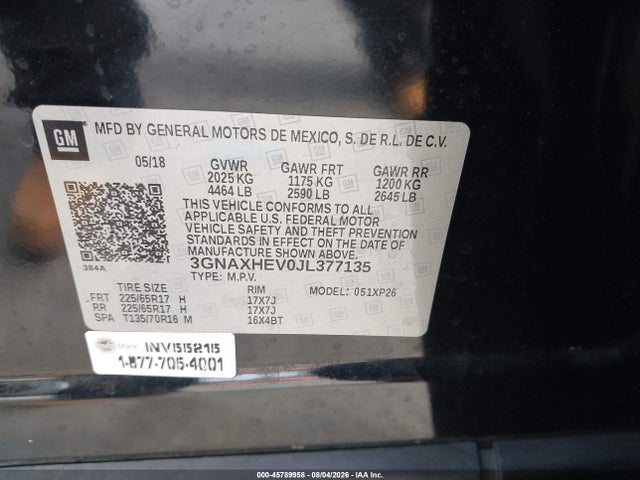 3GNAXHEV0JL377135 Chevrolet EQUINOX LS