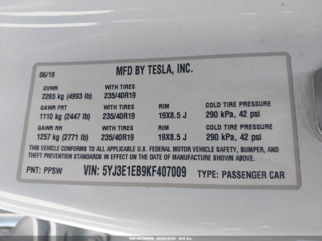 Tesla Model 3 Long Range/performance 2019 5YJ3E1EB9KF407009 Image 9