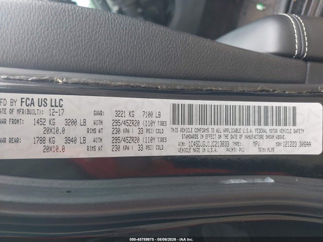 45789975 :رقم المزاد ، 1C4SDJGJ1JC213833 vin ، 2018 Dodge Durango Srt Awd مزاد بيع