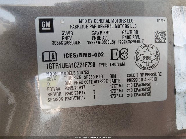 Auction sale of the 2012 Gmc Sierra 1500 Sl, vin: 1GTR1UEA1CZ218798, lot number: 45789982
