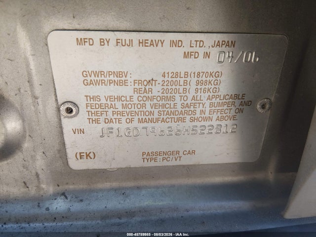 45789985 :رقم المزاد ، JF1GD79626H522812 vin ، 2006 Subaru Impreza Wrx Limited مزاد بيع
