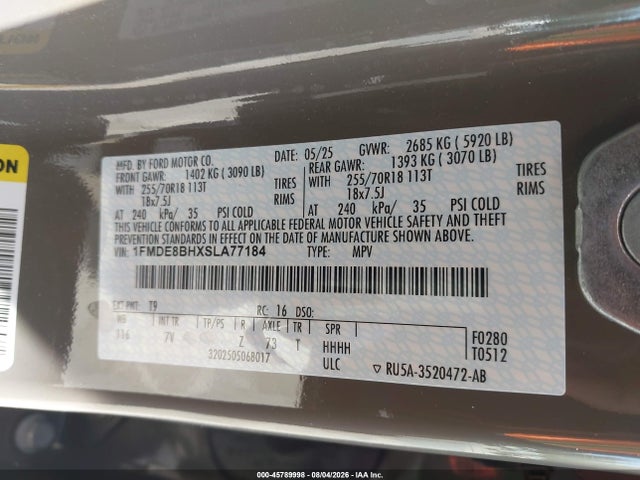 45789998 :رقم المزاد ، 1FMDE8BHXSLA77184 vin ، 2025 Ford Bronco Outer Banks مزاد بيع