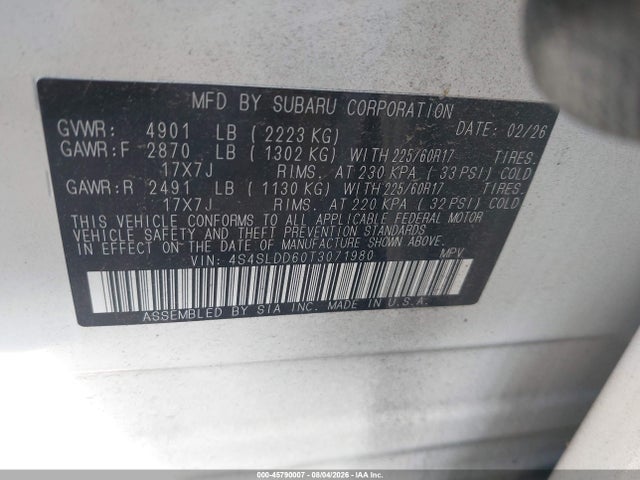 45790007 :رقم المزاد ، 4S4SLDD60T3071980 vin ، 2026 Subaru Forester Premium مزاد بيع
