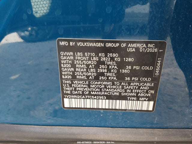 Aukcja sprzedaży 2026 Volkswagen Atlas Se With Technology, vin: 1V2WN2CA7TC542953, numer aukcji: 45790020