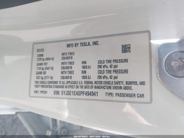 45790033 :رقم المزاد ، 5YJ3E1EA5PF494941 vin ، 2023 Tesla Model 3 Rear-wheel Drive مزاد بيع