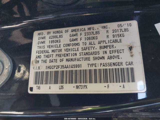2010 Honda Accord 2.4 Lx მანქანა იყიდება აუქციონზე, vin: 1HGCP2F35AA145991, აუქციონის ნომერი: 45790060