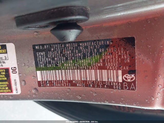 45790062 :رقم المزاد ، 5YFBURHE2HP678302 vin ، 2017 Toyota Corolla Le مزاد بيع