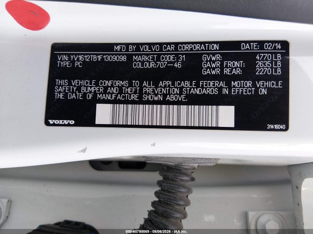 45790069 :رقم المزاد ، YV1612TB1F1309098 vin ، 2015 Volvo S60 T5 Premier مزاد بيع