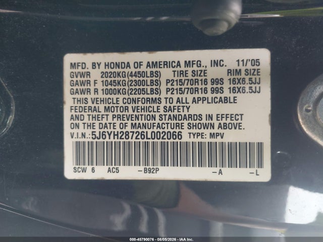 Продаж на аукціоні авто 2006 Honda Element Ex-p, vin: 5J6YH28726L002066, номер лоту: 45790076