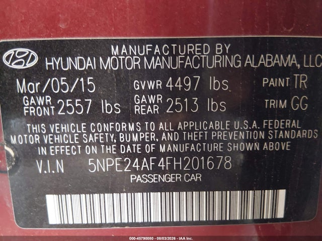 Hyundai SONATA SE 2015 5NPE24AF4FH201678 Image 9