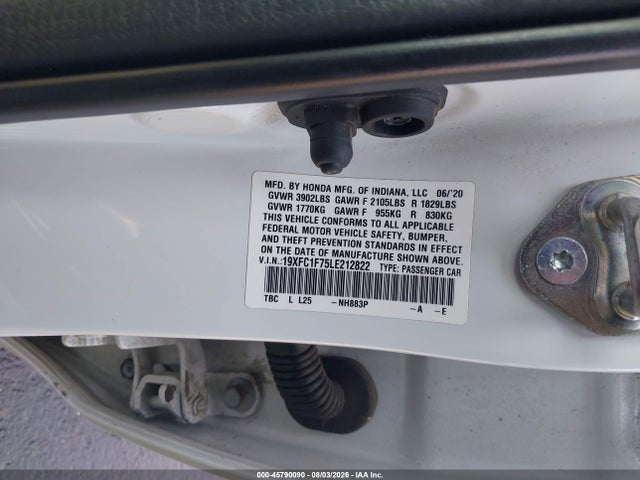 Aukcja sprzedaży 2020 Honda Civic Ex-l, vin: 19XFC1F75LE212822, numer aukcji: 45790090