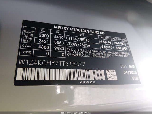 2026 Mercedes-benz Sprinter 2500 High Roof 4-cyl Diesel მანქანა იყიდება აუქციონზე, vin: W1Z4KGHY7TT615377, აუქციონის ნომერი: 45790094