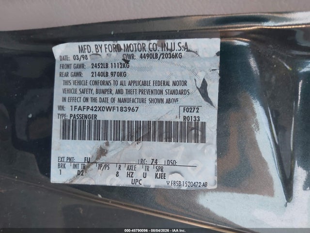 45790096 :رقم المزاد ، 1FAFP42X0WF183967 vin ، 1998 Ford Mustang Gt مزاد بيع
