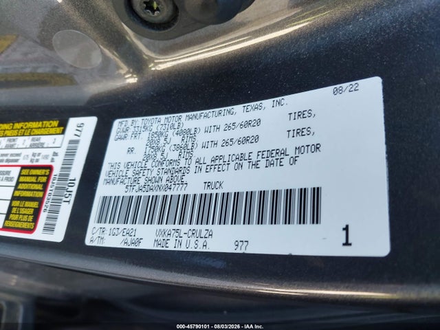 5TFJA5DAXNX047777 Toyota Tundra Limited