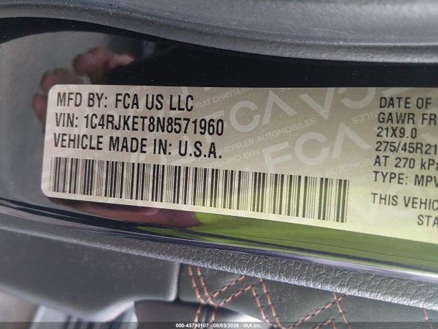 Auction sale of the 2022 Jeep Grand Cherokee L Summit Reserve 4x4, vin: 1C4RJKET8N8571960, lot number: 45790107