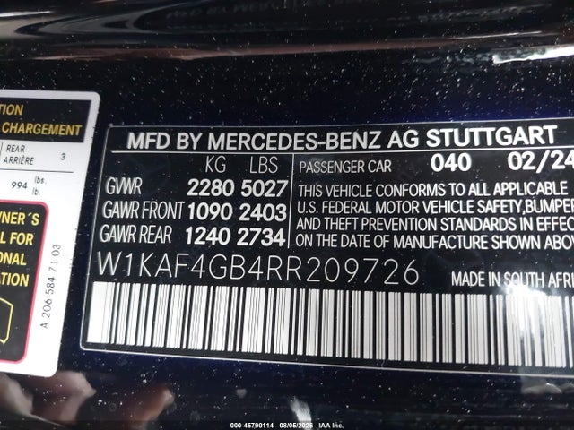 45790114 :رقم المزاد ، W1KAF4GB4RR209726 vin ، 2024 Mercedes-benz C 300 مزاد بيع