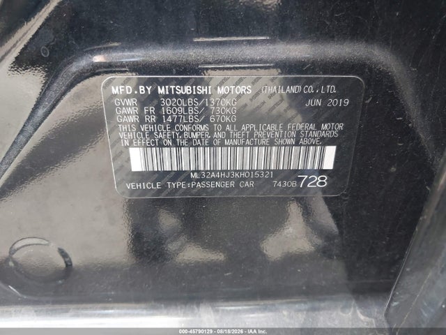 Aukcja sprzedaży 2019 Mitsubishi Mirage Se, vin: ML32A4HJ3KH015321, numer aukcji: 45790129