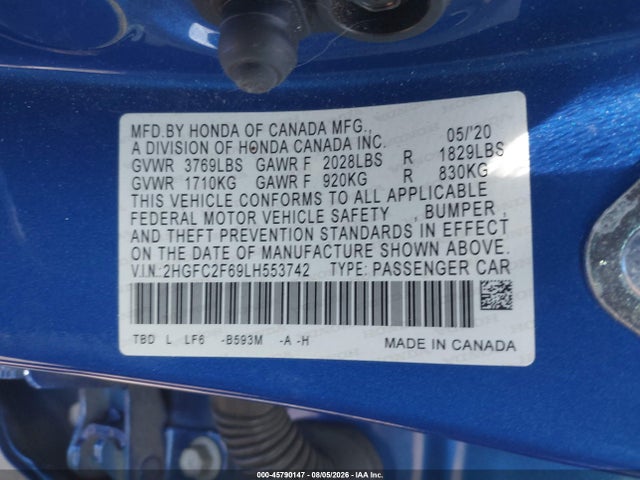 Honda Civic Lx 2020 2HGFC2F69LH553742 Image 9
