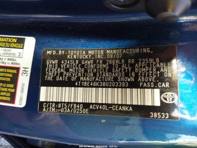 2008 Toyota Camry Le მანქანა იყიდება აუქციონზე, vin: 4T1BE46K38U203393, აუქციონის ნომერი: 45790158