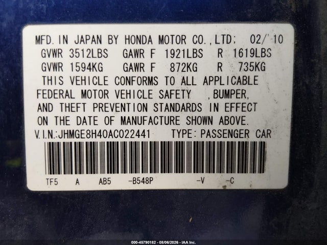 Aukcja sprzedaży 2010 Honda Fit Sport, vin: JHMGE8H40AC022441, numer aukcji: 45790182