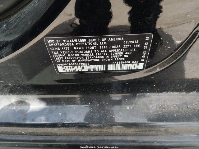 45790185 :رقم المزاد ، 1VWAP7A35DC020392 vin ، 2013 Volkswagen Passat 2.5l S مزاد بيع