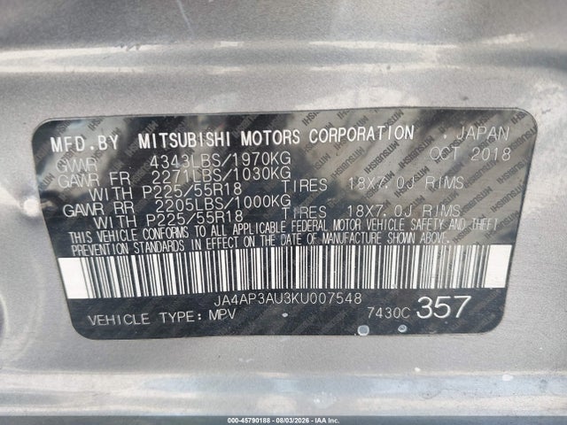 2019 Mitsubishi Outlander Sport 2.0 Es მანქანა იყიდება აუქციონზე, vin: JA4AP3AU3KU007548, აუქციონის ნომერი: 45790188