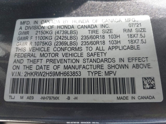 Honda Cr-v Awd Ex 2021 2HKRW2H59MH663853 Image 9