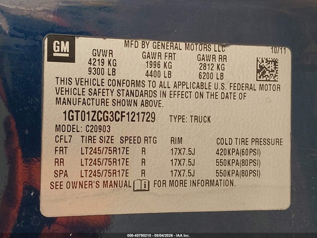 45790210 :رقم المزاد ، 1GT01ZCG3CF121729 vin ، 2012 Gmc Sierra 2500hd Work Truck مزاد بيع