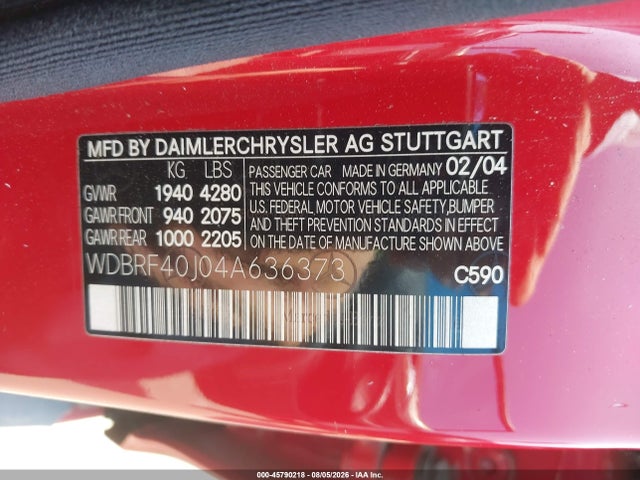 45790218 :رقم المزاد ، WDBRF40J04A636373 vin ، 2004 Mercedes-benz C 230 Kompressor Sport/sport مزاد بيع