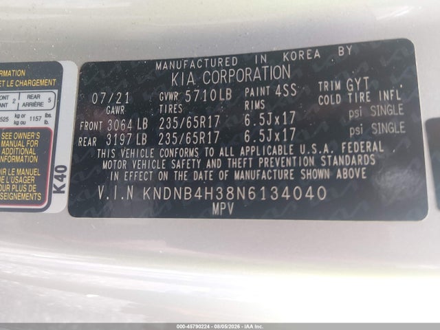 2022 Kia Carnival Mpv Lx მანქანა იყიდება აუქციონზე, vin: KNDNB4H38N6134040, აუქციონის ნომერი: 45790224