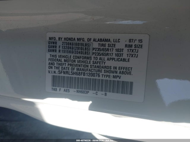 45790226 :رقم المزاد ، 5FNRL5H68FB120076 vin ، 2015 Honda Odyssey Ex-l مزاد بيع