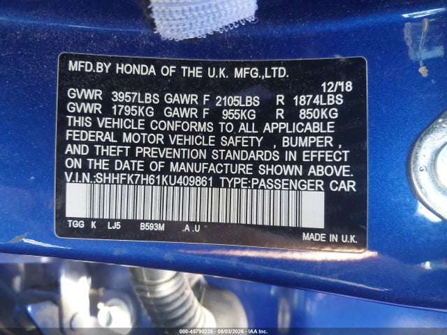 45790228 :رقم المزاد ، SHHFK7H61KU409861 vin ، 2019 Honda Civic Ex مزاد بيع