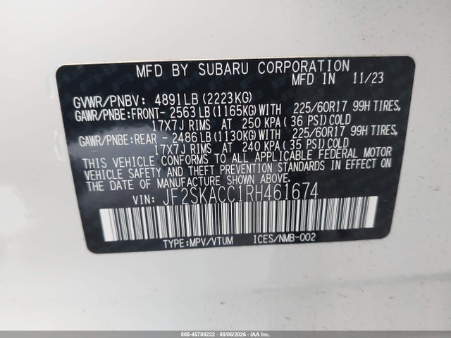 Продаж на аукціоні авто 2024 Subaru Forester Premium, vin: JF2SKACC1RH461674, номер лоту: 45790232