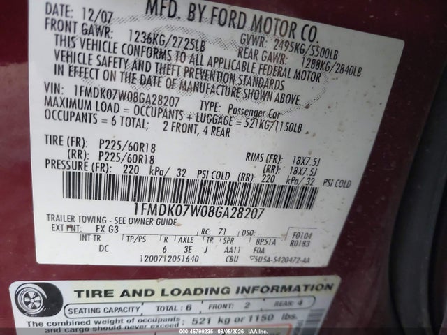 Aukcja sprzedaży 2008 Ford Taurus X Eddie Bauer, vin: 1FMDK07W08GA28207, numer aukcji: 45790235