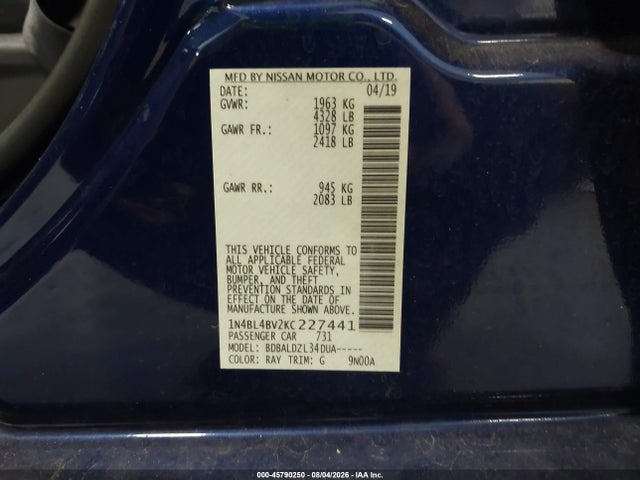 2019 Nissan Altima 2.5 S მანქანა იყიდება აუქციონზე, vin: 1N4BL4BV2KC227441, აუქციონის ნომერი: 45790250
