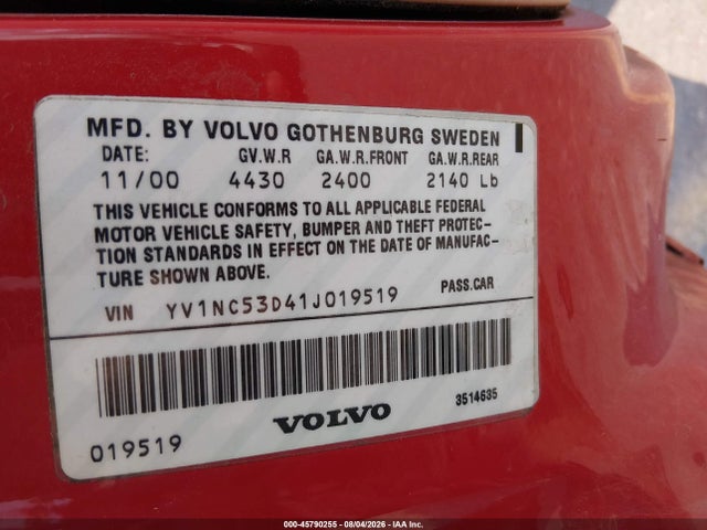 45790255 :رقم المزاد ، YV1NC53D41J019519 vin ، 2001 Volvo C70 Ht مزاد بيع