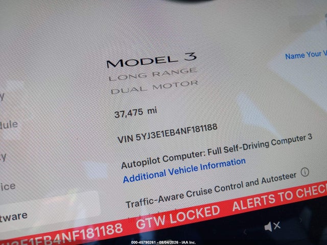 45790261 :رقم المزاد ، 5YJ3E1EB4NF181188 vin ، 2022 Tesla Model 3 Long Range Dual Motor All-wheel Drive مزاد بيع
