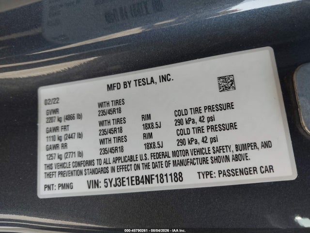 45790261 :رقم المزاد ، 5YJ3E1EB4NF181188 vin ، 2022 Tesla Model 3 Long Range Dual Motor All-wheel Drive مزاد بيع