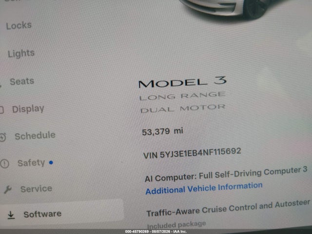 45790269 :رقم المزاد ، 5YJ3E1EB4NF115692 vin ، 2022 Tesla Model 3 Long Range Dual Motor All-wheel Drive مزاد بيع