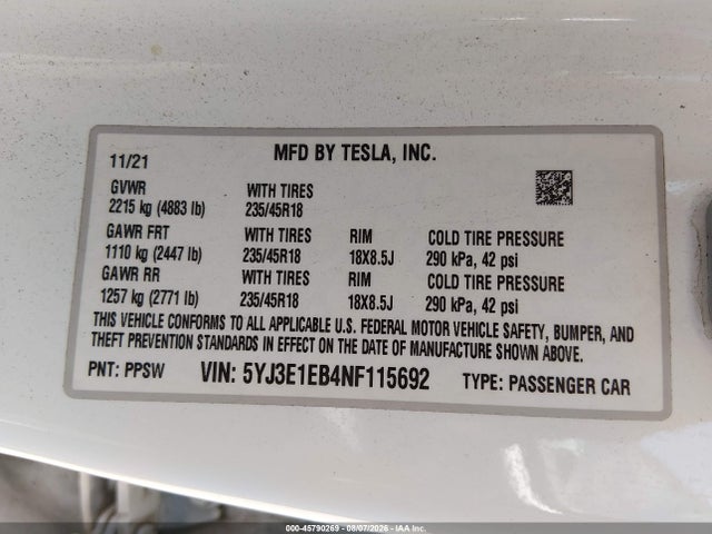 45790269 :رقم المزاد ، 5YJ3E1EB4NF115692 vin ، 2022 Tesla Model 3 Long Range Dual Motor All-wheel Drive مزاد بيع