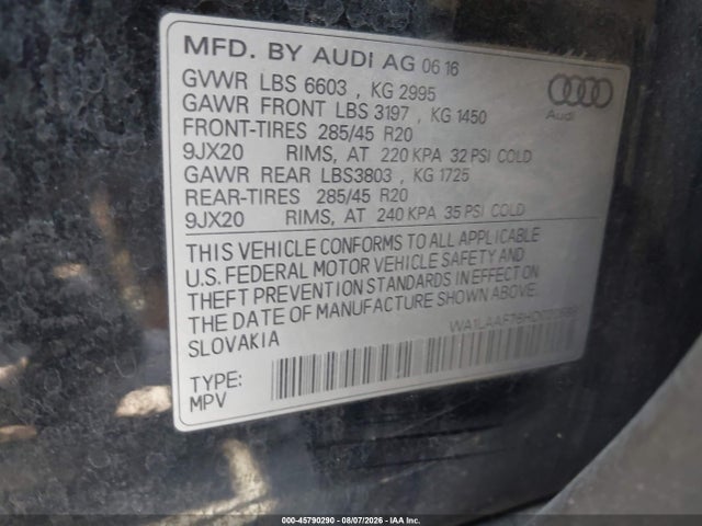 Aukcja sprzedaży 2017 Audi Q7 3.0t Premium, vin: WA1LAAF76HD020689, numer aukcji: 45790290