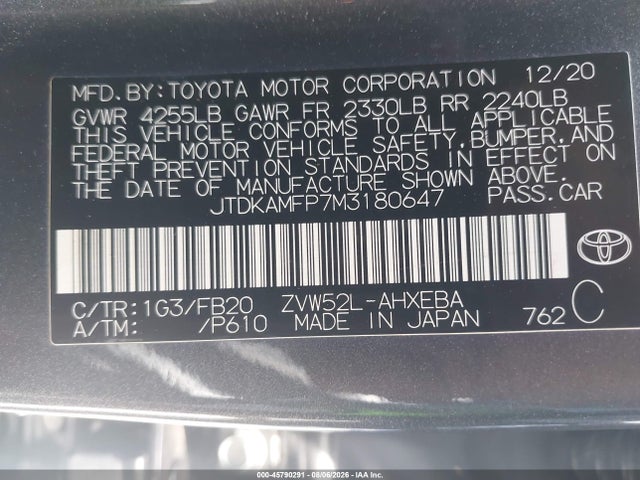 2021 Toyota Prius Prime Le მანქანა იყიდება აუქციონზე, vin: JTDKAMFP7M3180647, აუქციონის ნომერი: 45790291
