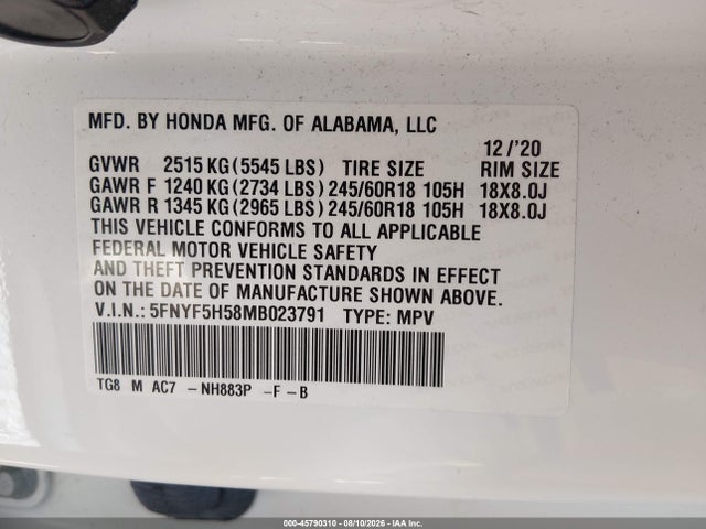 Продаж на аукціоні авто 2021 Honda Pilot 2wd Ex-l, vin: 5FNYF5H58MB023791, номер лоту: 45790310