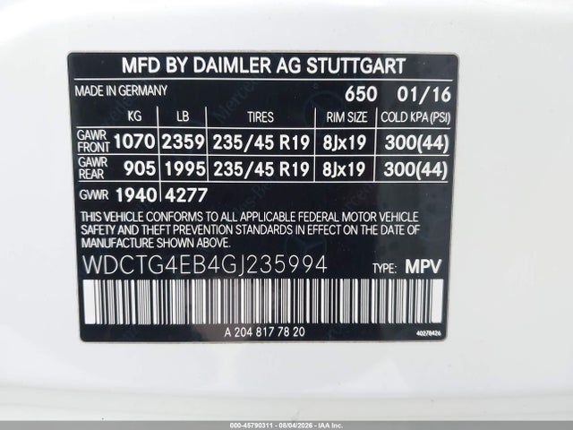 Auction sale of the 2016 Mercedes-benz Gla 250, vin: WDCTG4EB4GJ235994, lot number: 45790311